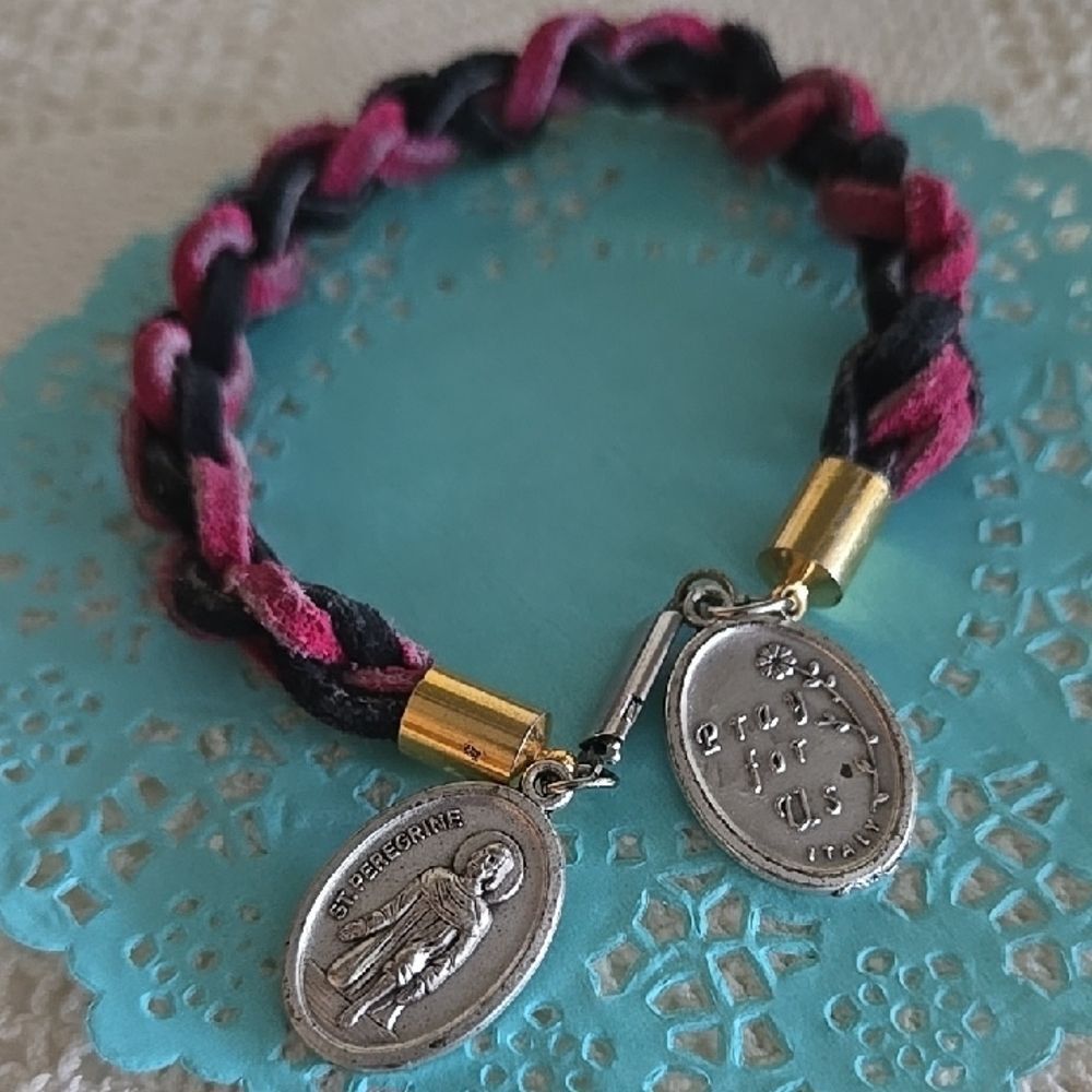 Braided Pink Black Charm Bracelet Mediallions St Peregrine Saint JOSEPH Unisex